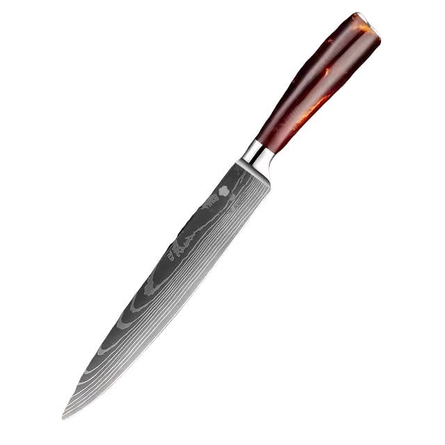 Couteau à trancher japonais en forme de damas au laser, 8 po, manche en résine pour la vente par Mister Angry Chef LLC