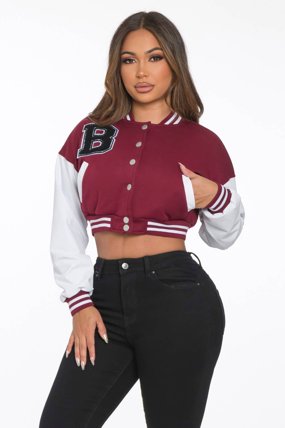 Lime All the Time - Wholesale Varsity/Baseball Jacket - Women's - B Logo Cropped Varsity Jacket with pocket7
