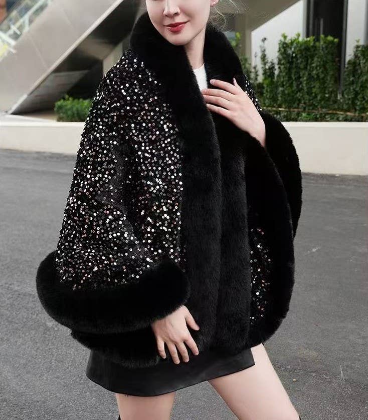 PEACH ACCESSORIES - Wholesale Cape - Women's - Elegant Sequin Cape Wrap with Plush Faux Fur PE4004
