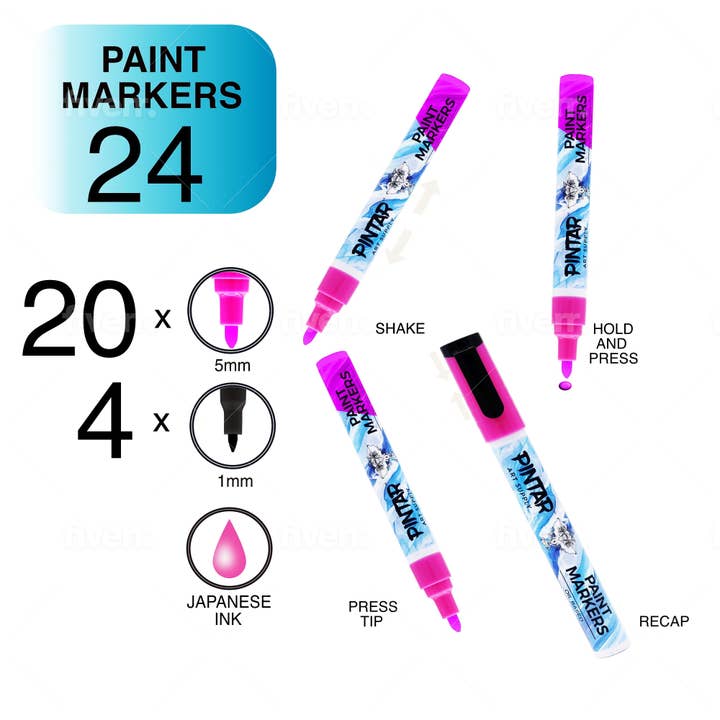 Pintar Art Supply - Vendita all'ingrosso Pennarelli - Pintar, pennarelli a base di olio, confezione da 24 con 20 (punte da 5 mm)