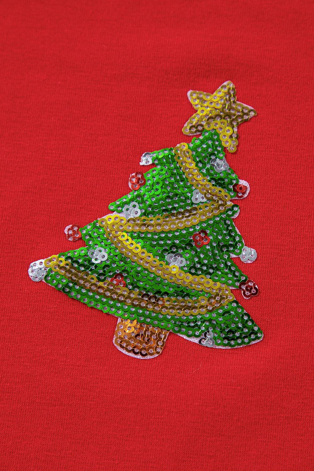 Sequin Christmas Tree Holiday Graphic Red Crewneck Tee for wholesale on Faire10