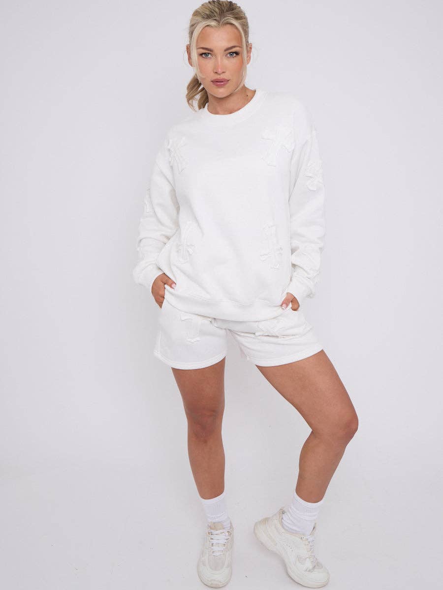 AX Labels - Wholesale Lounge Set - Women's - Crucifix Embroidered Sweatshirt & Shorts Fleece Co-ord6
