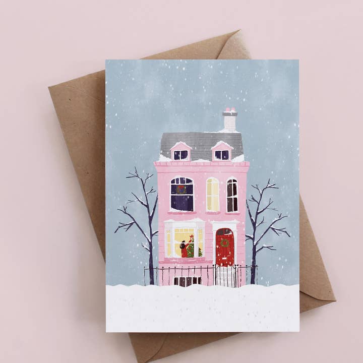 Weihnachtsgrußkarte mit rosa Haus, Weihnachtskarten für den Großhandel von Maja Tomljanovic