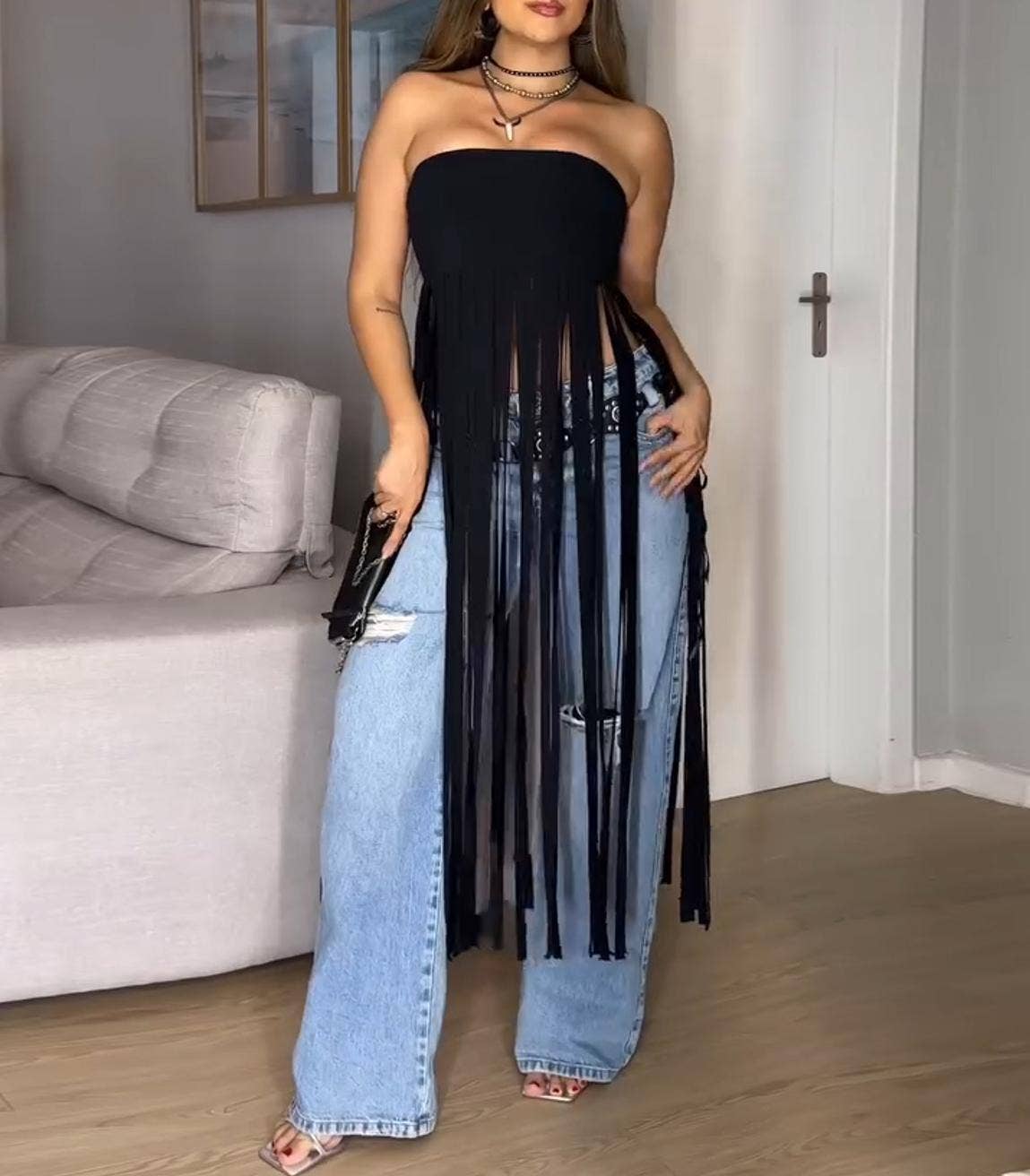 HIDDENBRAND - Wholesale Tank Top - Women's - Strapless bohemia sexy faux suede bandeau fringed maxi top13