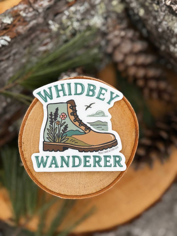 Whidbey Wander Whidbey Island, WA Weatherproof Sticker for wholesale by Scotty + Calvin Designs