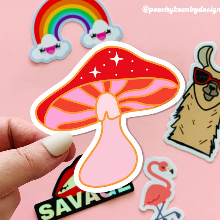 Red Sparkle Mushroom Sticker for wholesale by Peachy Keen by Design Co