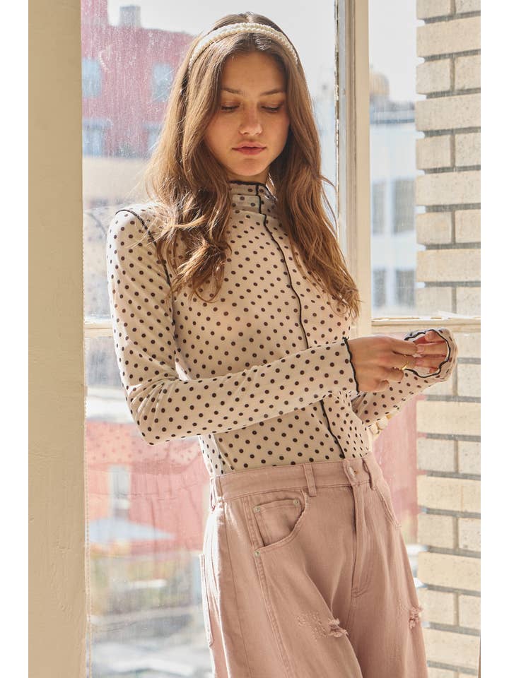 Oddi - Wholesale Knit Top - Women's - Polka Dot Mesh Turtleneck Top2