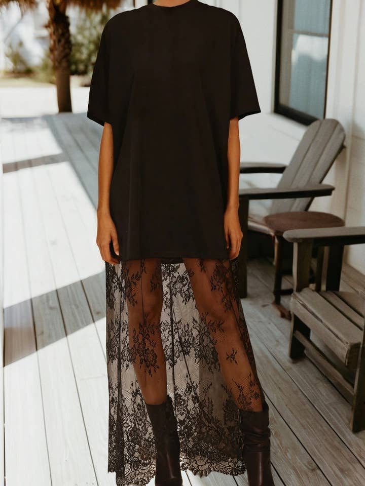 Floral Patchwork Mesh Short Sleeve T Shirt Maxi Dress (S-4X) for wholesale by 66DISCO