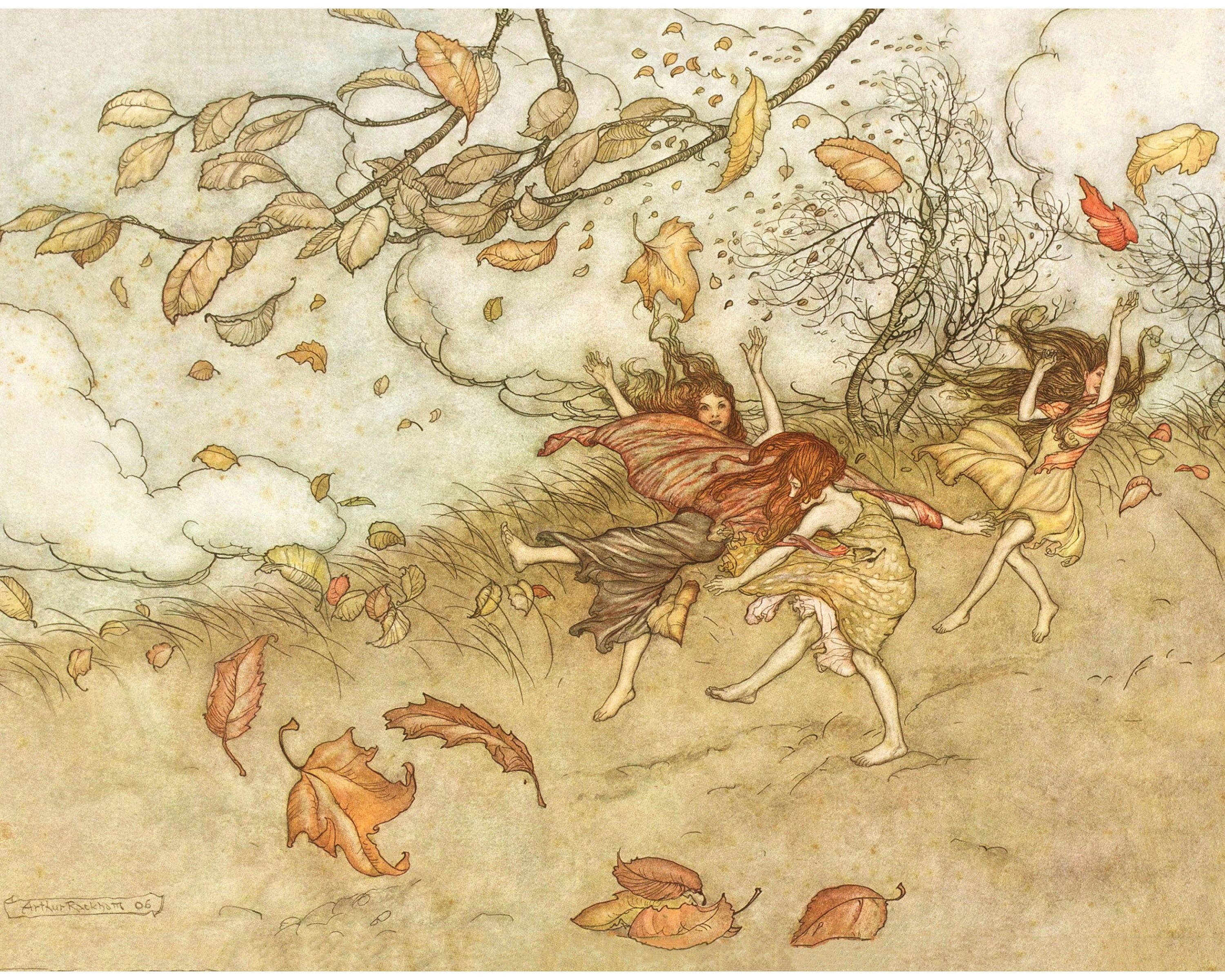 Rock Paper Scissors Wall Art - Wholesale Art Print - Fall fairies art print | Arthur Rackham illustration | Vintage woodland wall art | Fairytale painting | Peter Pan | Autumn wall art1