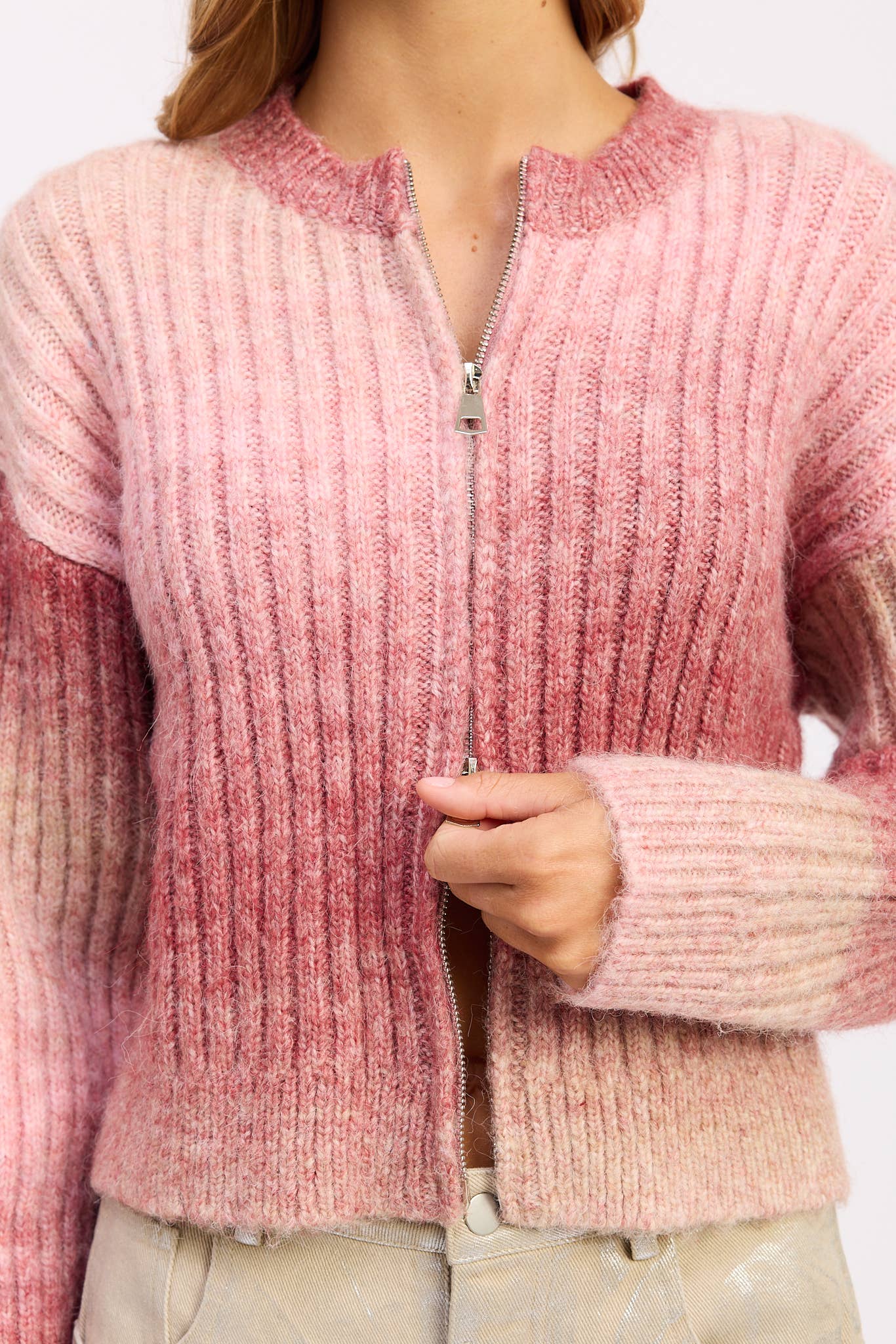 Rose CARDIGAN CÔTELÉ AVEC DOUBLE FERMETURE ÉCLAIR en vente sur Faire1