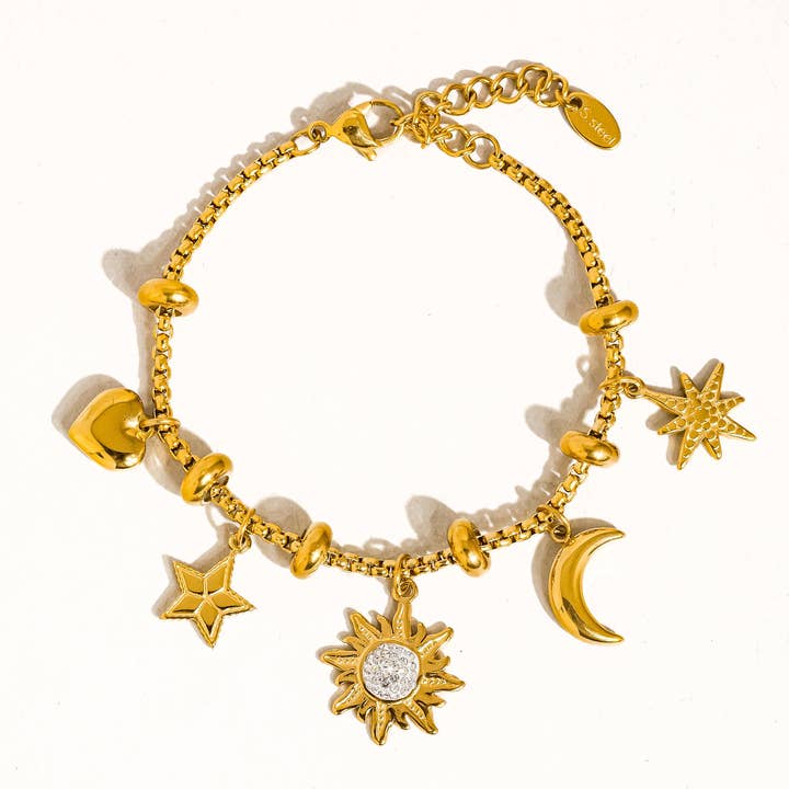 Fenix 18K Gold Non-Tarnish Star And Moon Charm Bracelet for wholesale on Faire1
