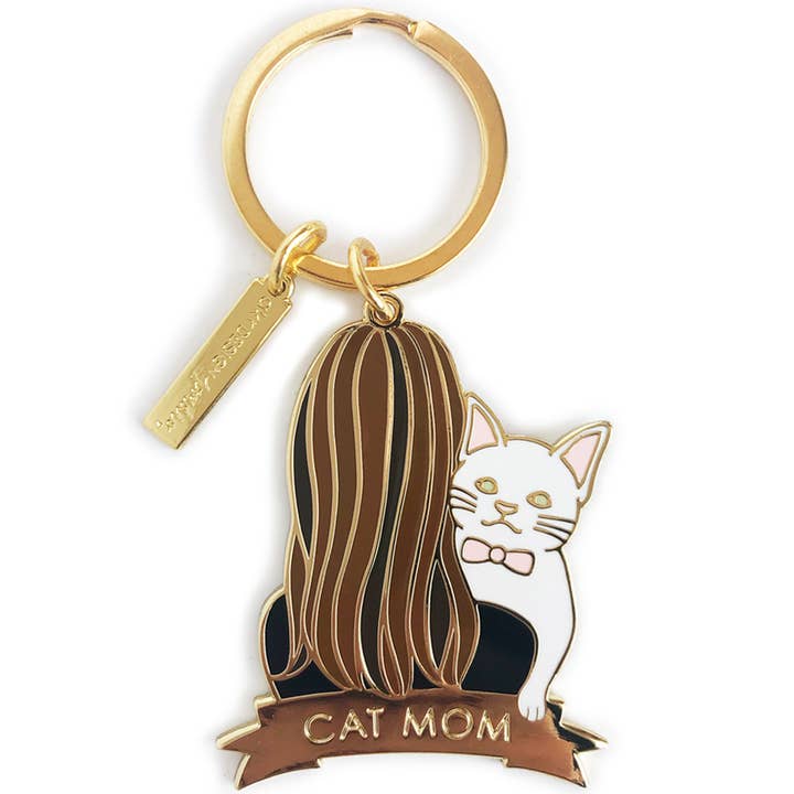 Cat Keychain - White Cat & Brunettes Hair for wholesale by akrDesignStudio