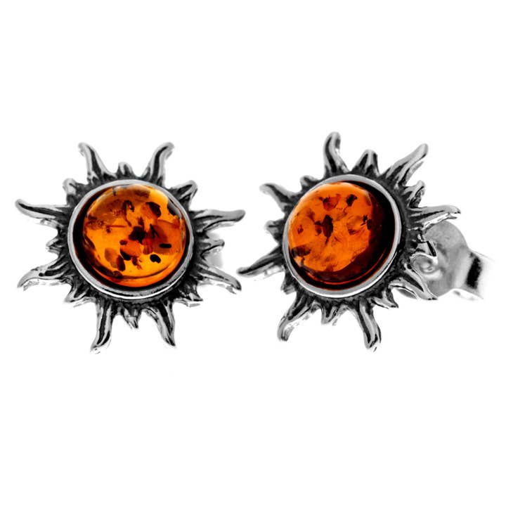 Pendientes de plata de ley 925 y auténtico ámbar báltico con forma de sol pequeño 8549 para venta al por mayor de SilverAmber Jewellery