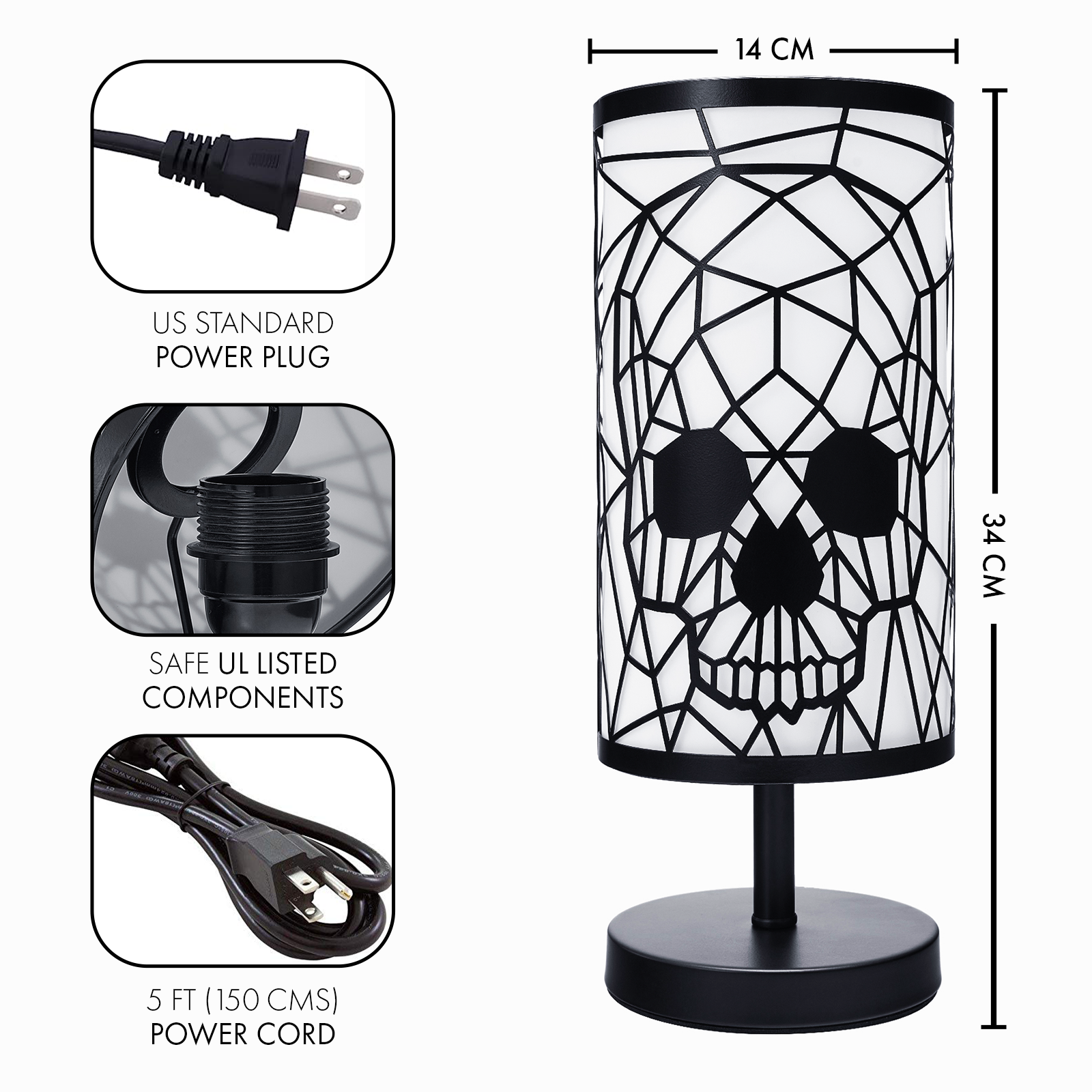 The Wine Savant /  Khen Glassware – Großhandel Akzent-/Schreibtischleuchte – Schwarze Totenkopflampe mit 3-fach dimmbarem Schalter, Halloween4