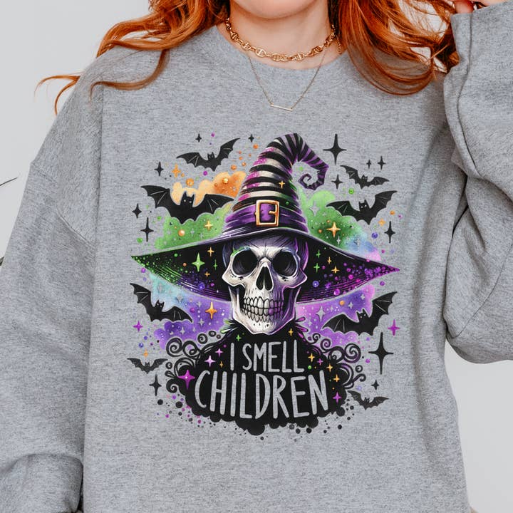 I Smell Children Hocus Pocus Skeleton Witch Unisex Tung Blandad tröja med rund hals för wholesale av with love, aj.