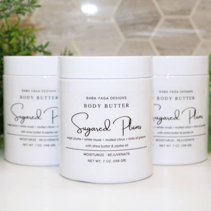Sugared Plum Body Butter 7 oz, Non-Greasy Winter Skin Care for wholesale by Baba Yaga Designs LLC