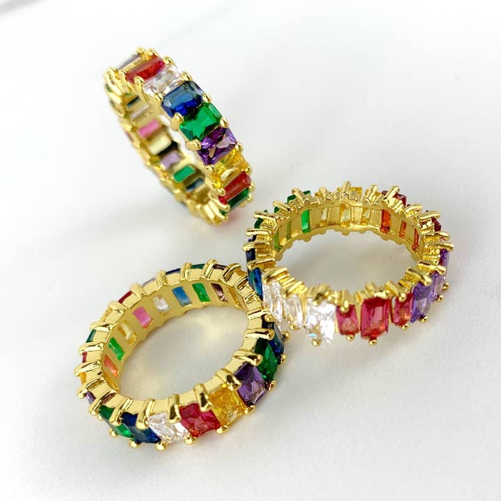 Luxus Accessories – wholesale Ring med flera stenar – 18 k guld fylld Cubic Zirconia Rainbow Baguette Ring2