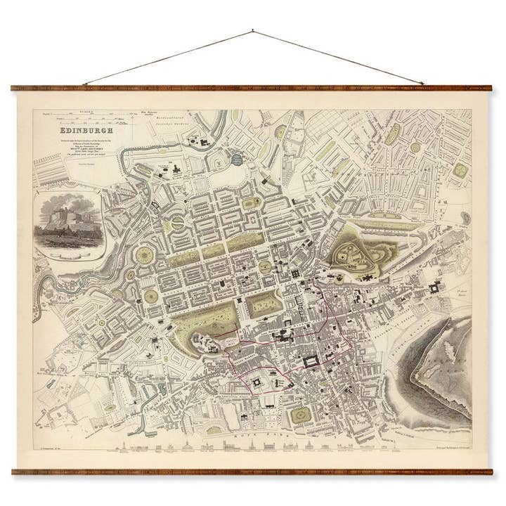 Kort over Edinburgh Vintage europæisk bykort på klar til at hænge rullet ned dekorativt antik vægdekorationskort Scroll of Scotland for engroshandel hos Maps Vintage