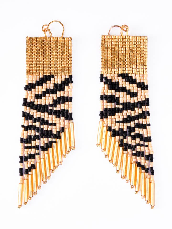 Beaded Handwoven Golden Zebra Fringe Earrings (Cream/Black) for wholesale by Mayana Designs Co