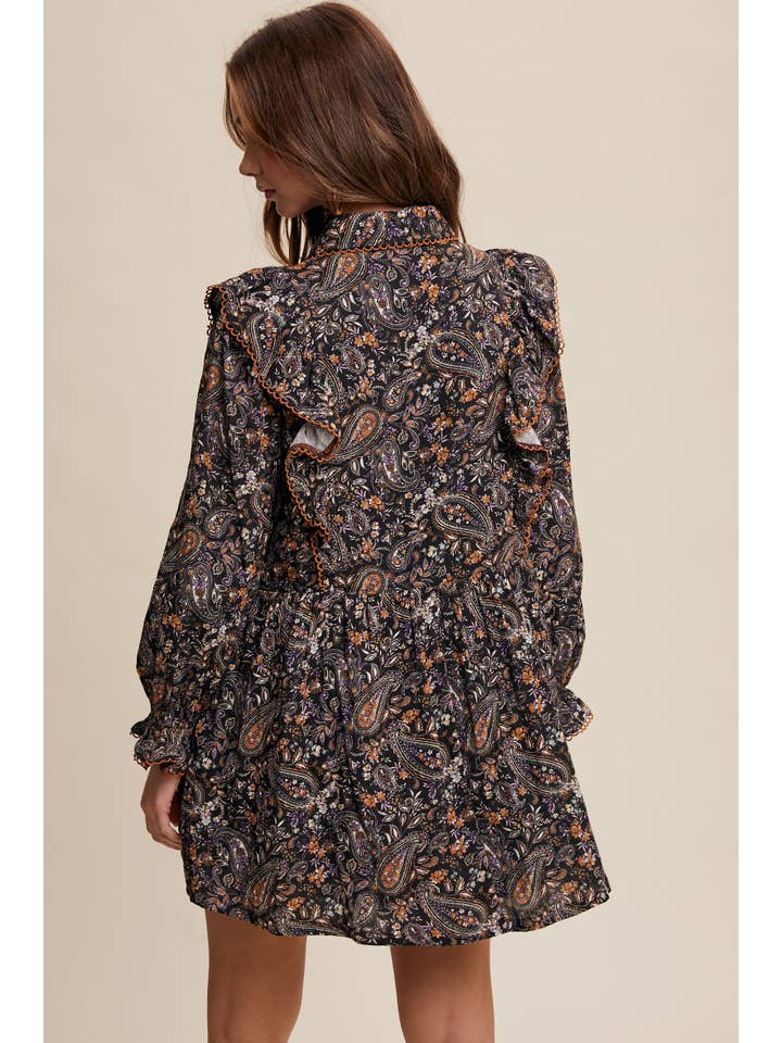 Black Paisley Print Ruffle Mini Dress LD1466 for wholesale on Faire7