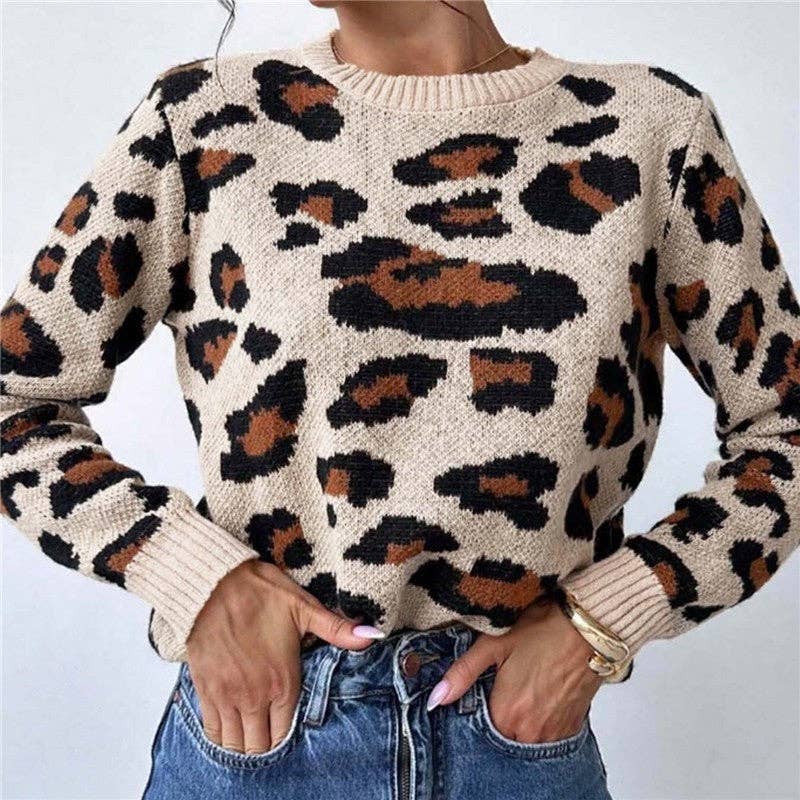 KHAKI Round Neck Color Block Leopard Print Sweater for wholesale on Faire0