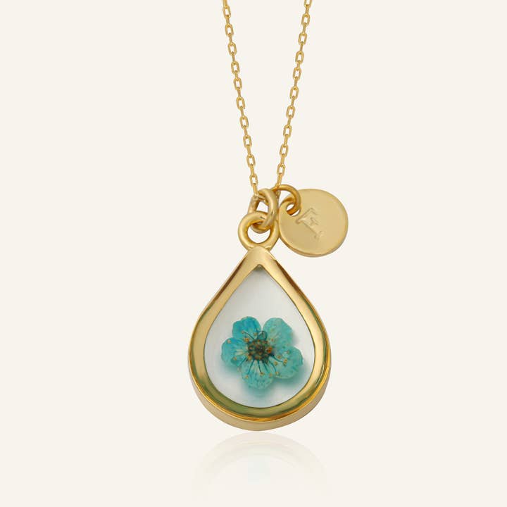 Real Forget Me Not Flower Teardrop Necklace for wholesale by fioreldesign