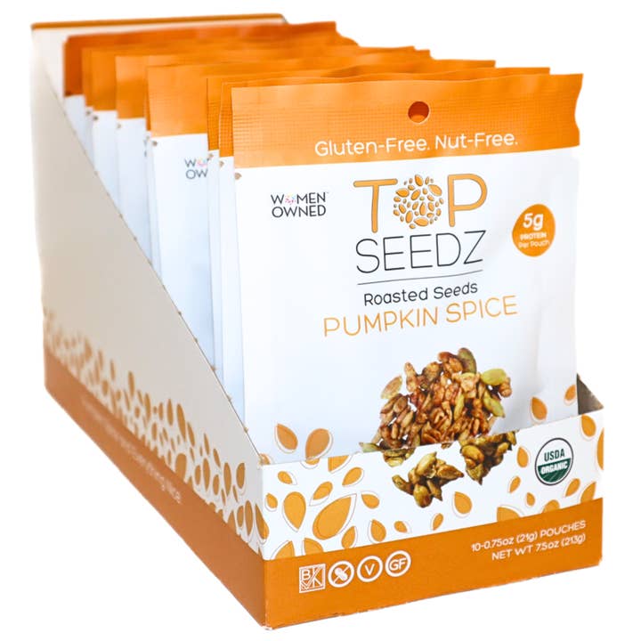 Pumpkin Spice Roasted Seeds Counter Display - 7.5oz - 4 Pack for wholesale by Top Seedz