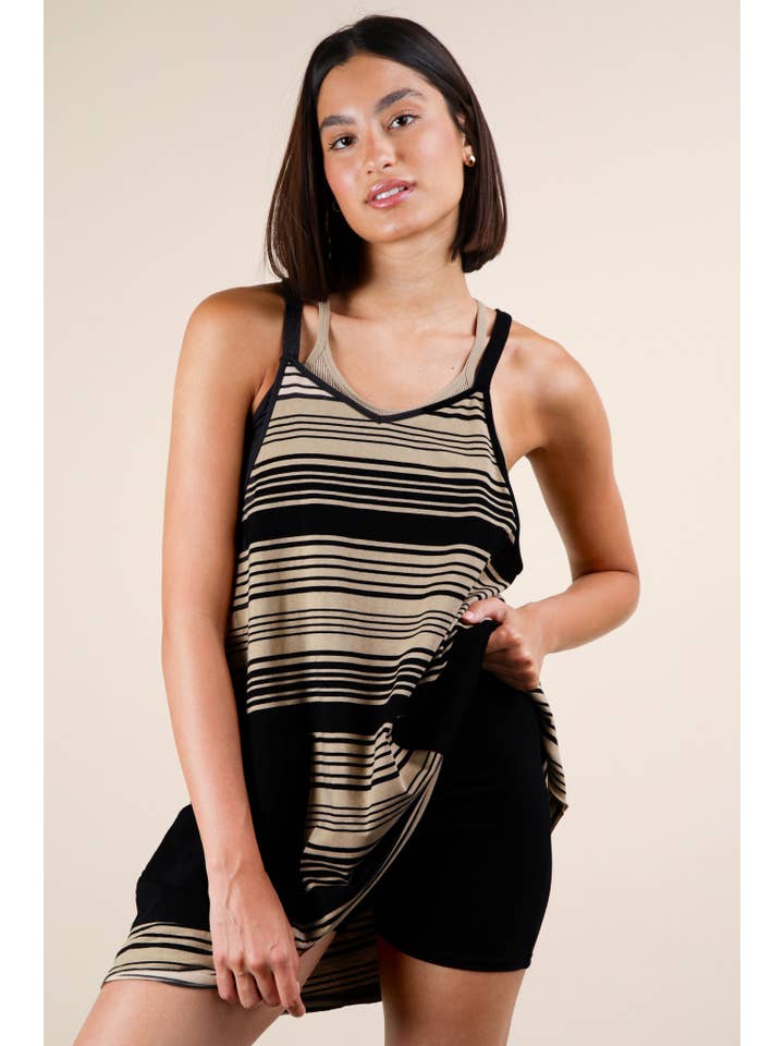 VERY J - Wholesale Romper - Women's - ND31600-Comfy Striped Knit Mini Dress W/ Shorts Inside