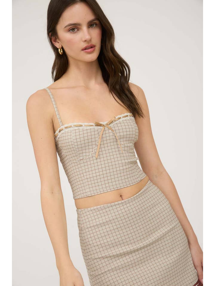 The Workshop Studio – wholesale Blouse – Women’s – PLAID LACE TRIM FRONT TIE SPAGHETTI STRAP CROP TOP8