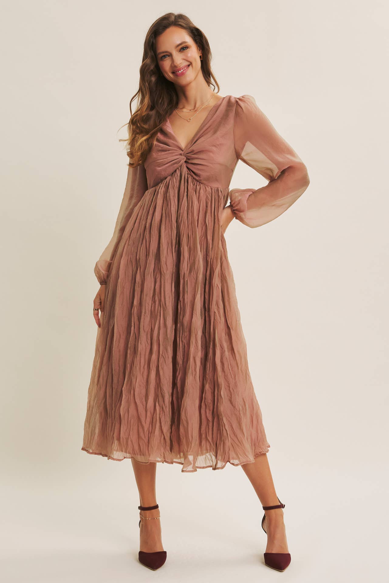 KEEP IT DREAMY IRIDESCENT MAUVE TWISTED BUST MAXI DRESS for wholesale on Faire16
