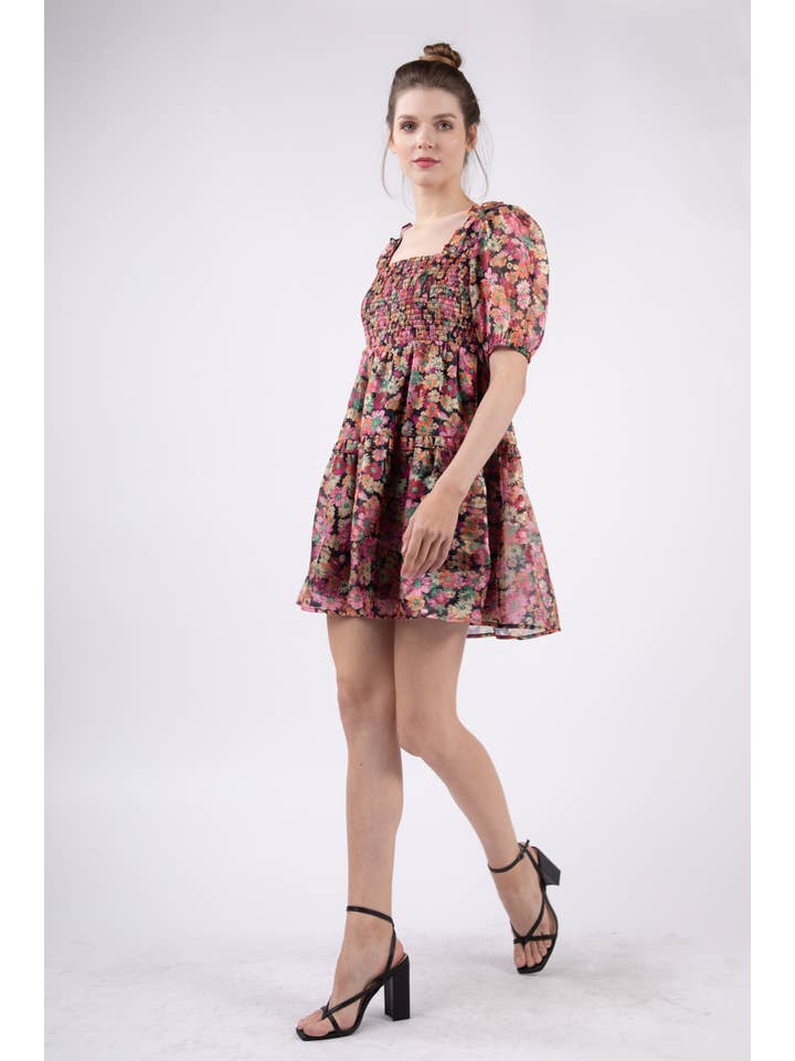 VERY J - Wholesale Dress - Women's - VD33872-Floral Organza Sheer Fabric Babydoll Mini Dress