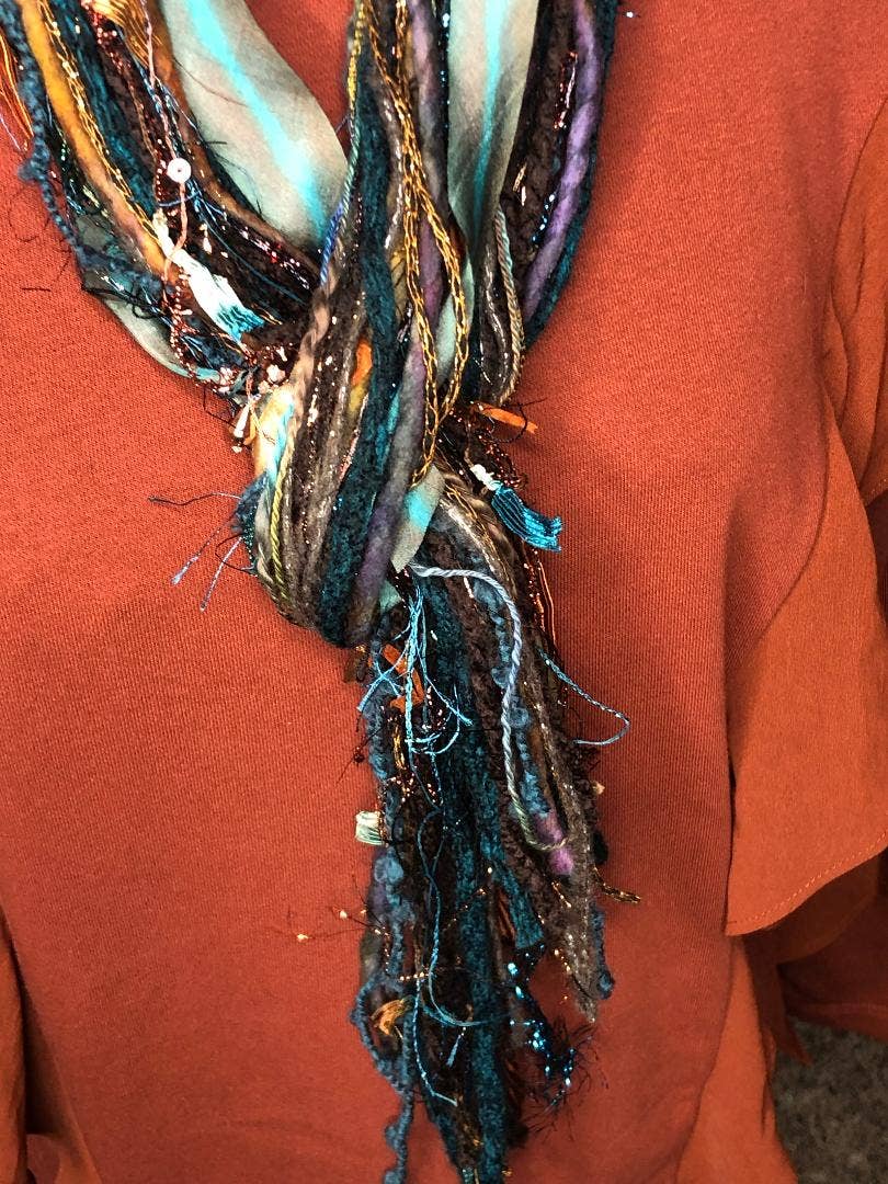 Scarves of Westwood - Wholesale Scarf - Women's - Bronze & Turquoise Fringe Scarf - Artisan Made1