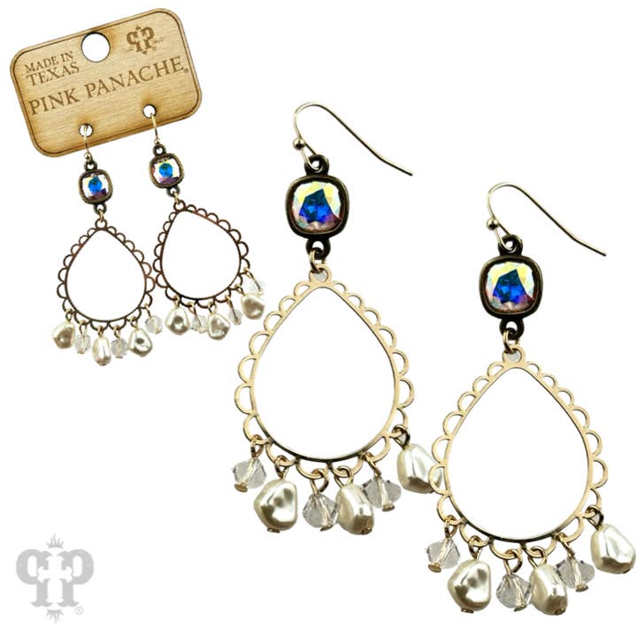 Pink Panache Brands - Wholesale Dangle Earrings - Pearl bead and teardrop earring, Austrian crystal