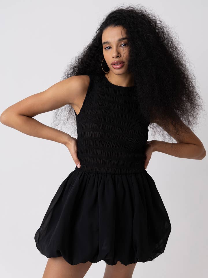 Ella Black Mini Puffball Dress for wholesale on Faire0