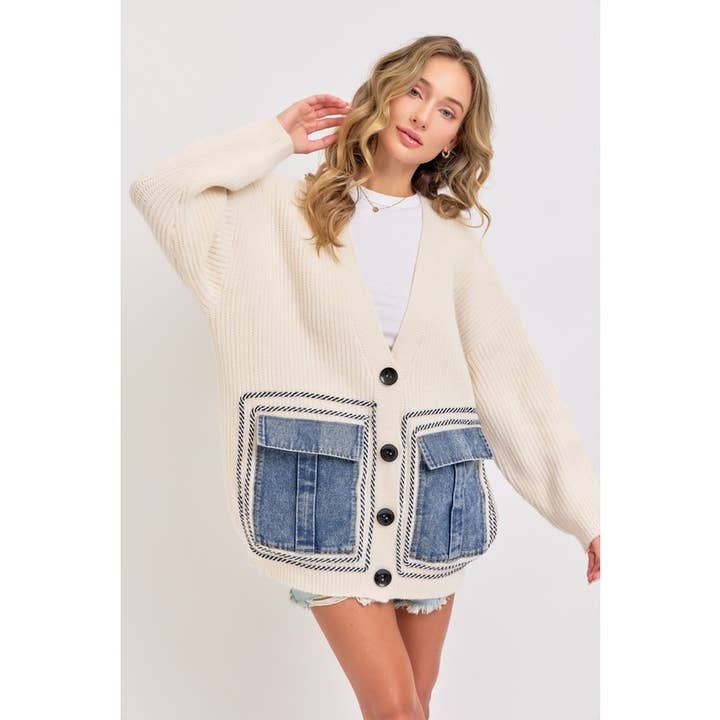 IVORY Knit Sweater Cardigan with Denim Pockets for wholesale on Faire5