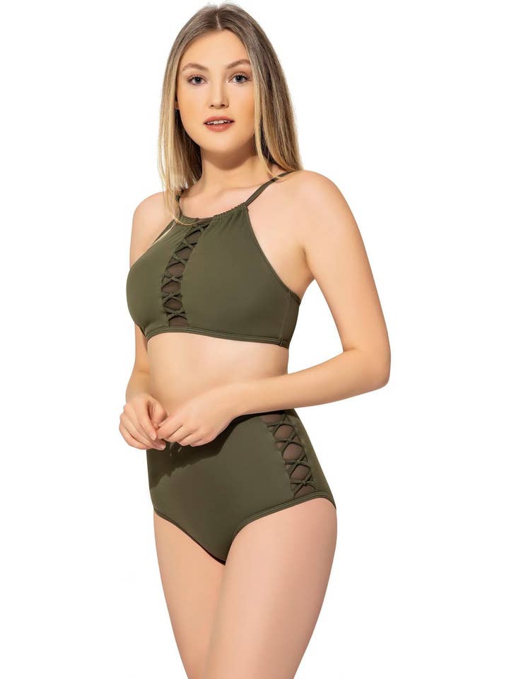 Argisa Tulle Lace Up High Waist Bikini Khaki for wholesale by Argisa