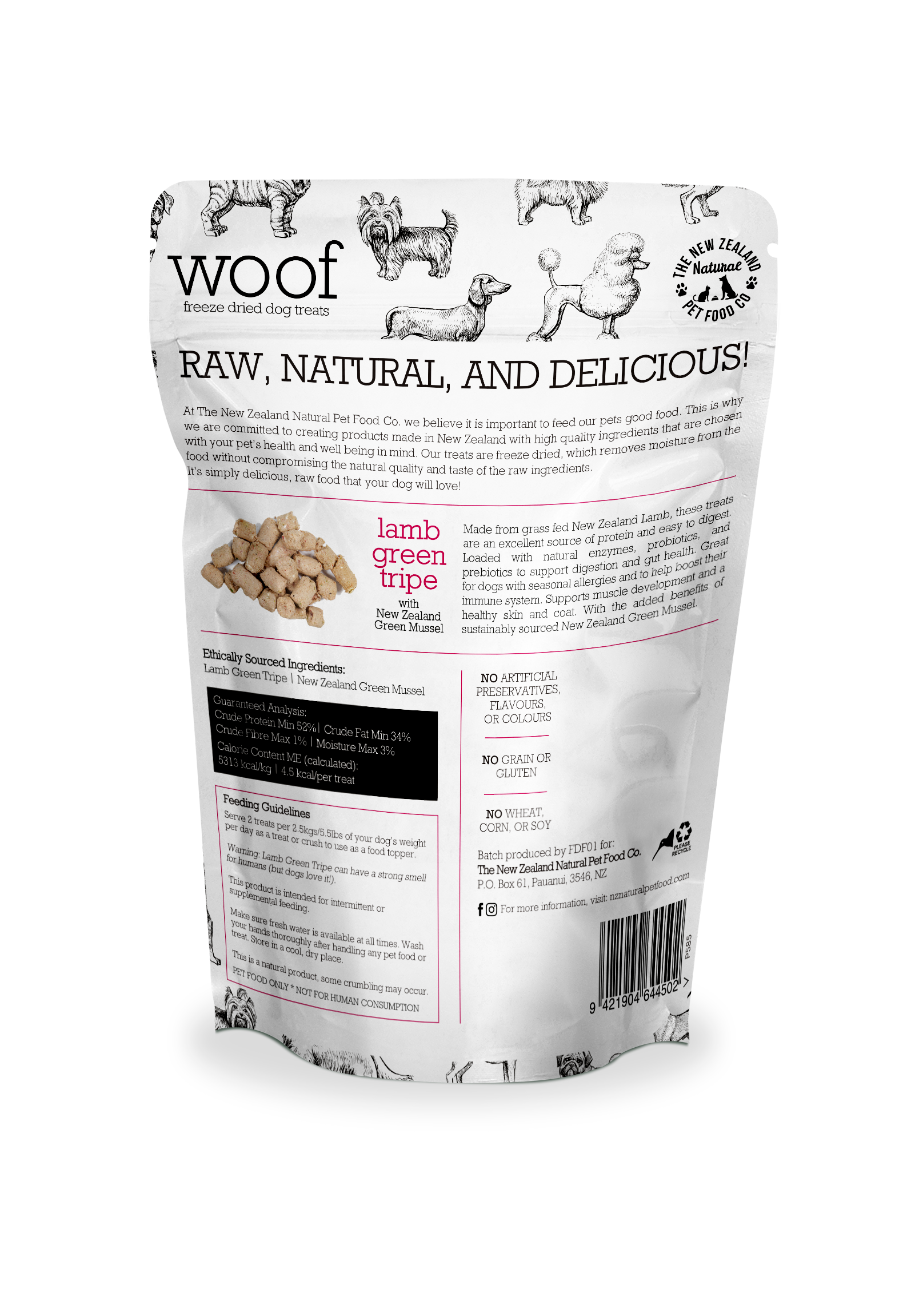 The New Zealand Natural Pet Food Co - Wholesale Pet Treats - Dog - Woof Lamb Green Tripe Treats 1.4oz1