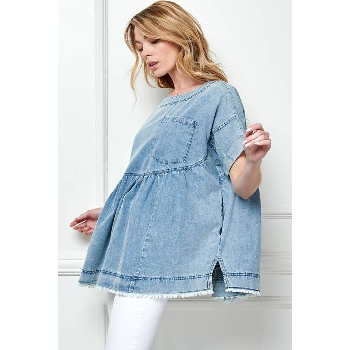 Oversize Pleated Denim Baydoll Top for wholesale on Faire