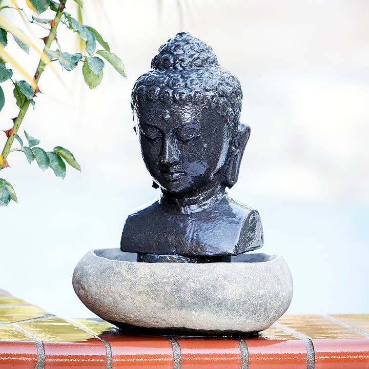 Garden Age Supply - Wholesale Decorative Tabletop Object - Table Top Buddha Head Fountain 16"H - Lava Stone / River Sto0