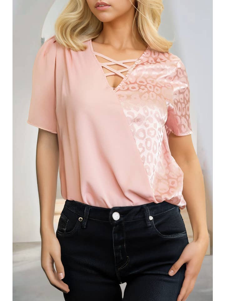 Pink Leopard Jacquard Patchwork Crisscross V-Neck Blouse (S-XL) for wholesale on Faire