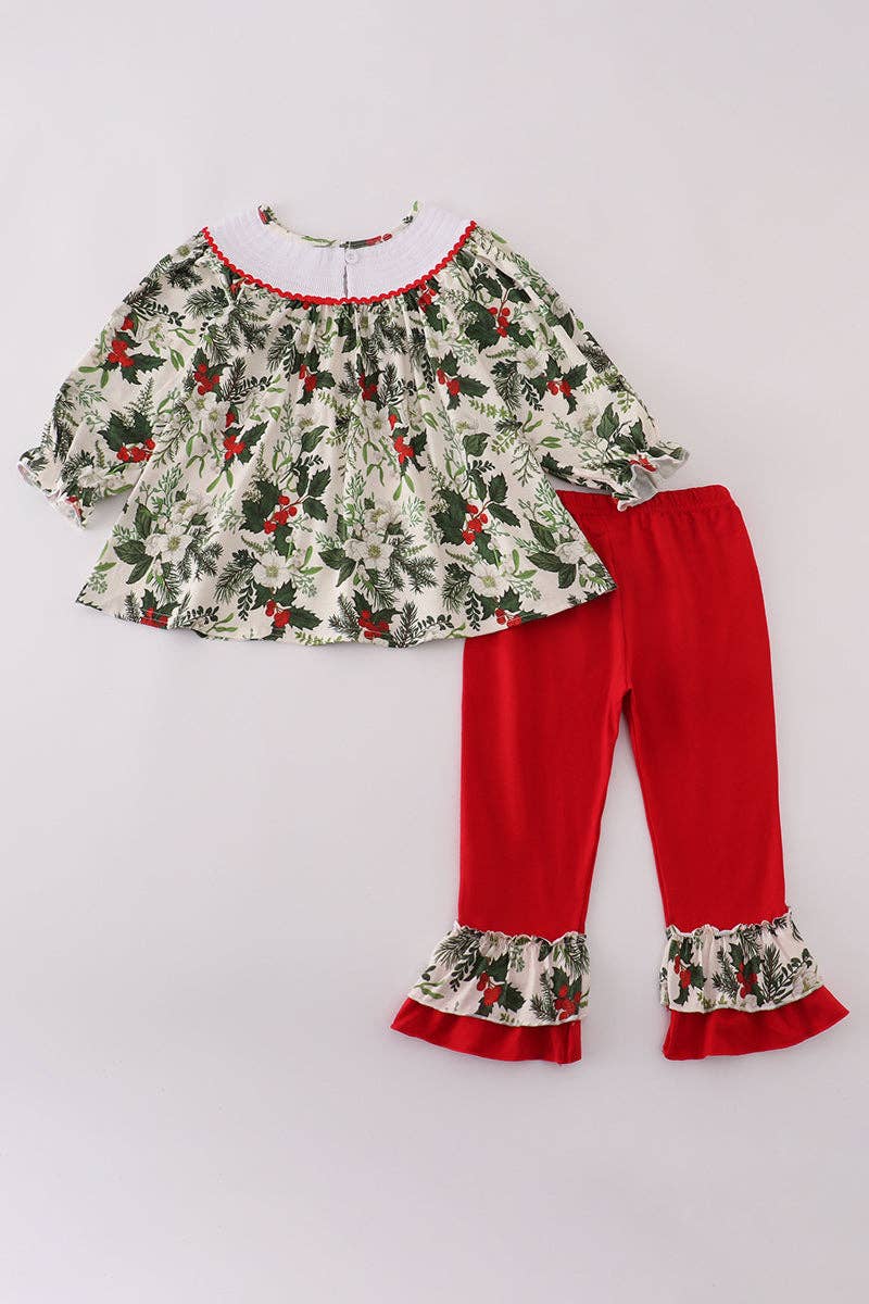 Aspen Rain Boutique - Wholesale Top & Pant Set - Kids - Green holly floral smocked ruffle pants set3