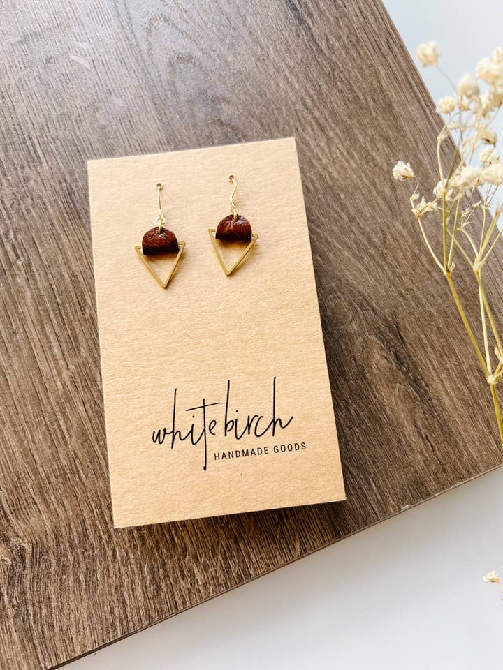 Maple Leather & Brass Triangle Earrings for wholesale by Whitebirch Handmade Goods