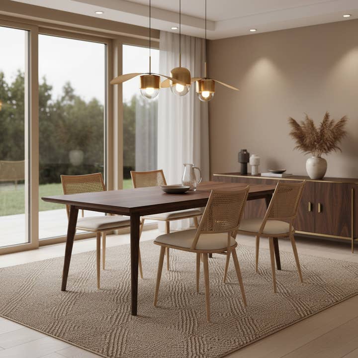 Urban Meuble - Wholesale Chair - Set of 4 beige PU dining chairs with woven rattan backrest PECTIN3