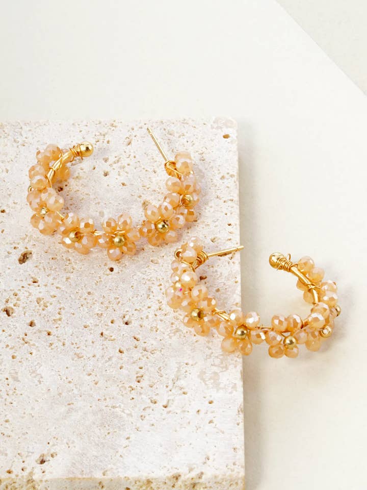 Glass Beads Wire Wrapped 25mm Flower Open Hoop Earrings for wholesale by Wild Honey
