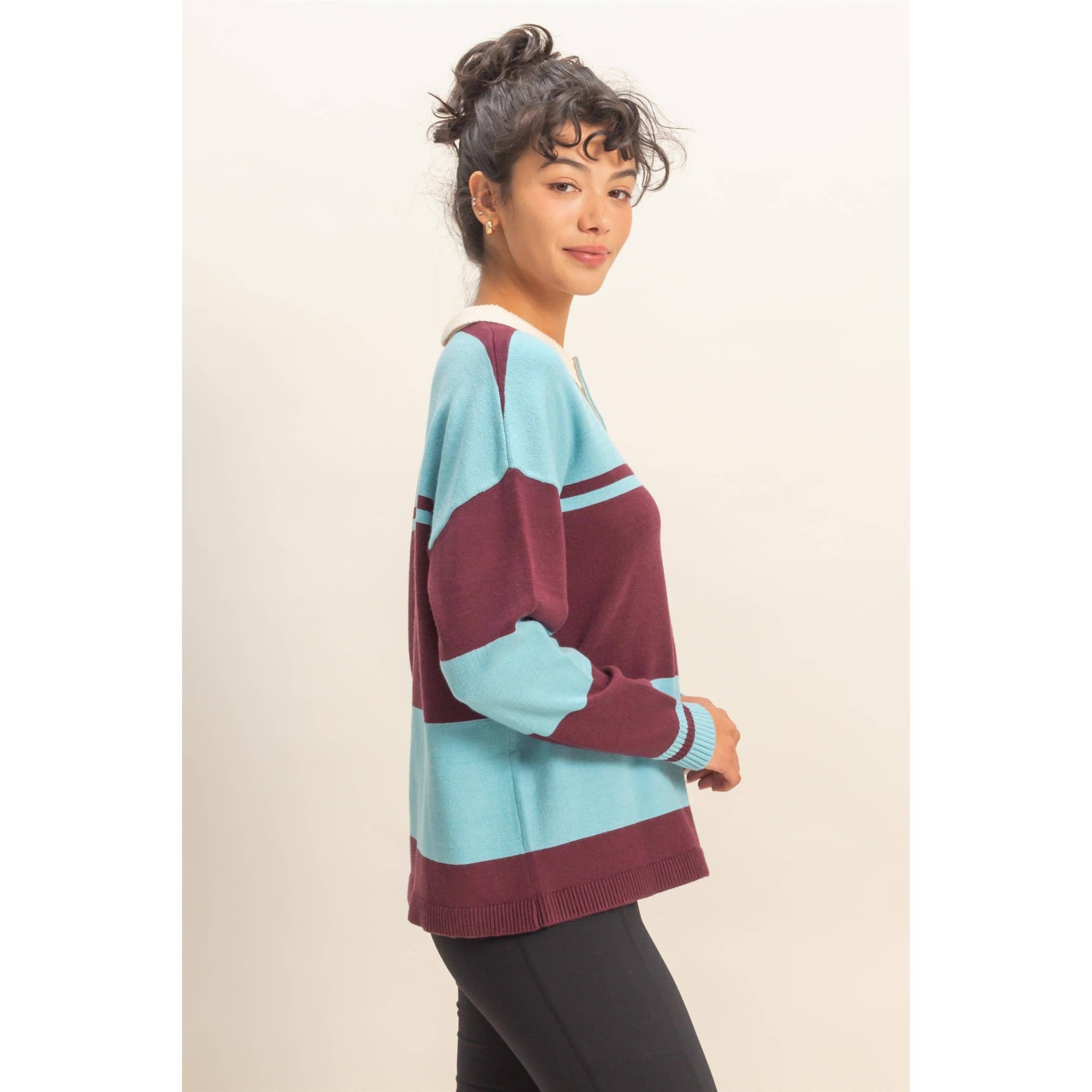 HYFVE - Wholesale Knit Sweater - Women's - Contrasting Striped Sweater With Polo Collar15