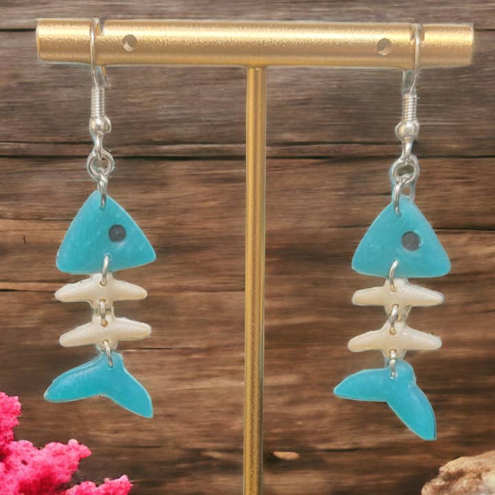 Dive into style with quirky Fish Skeleton Clay Earrings for wholesale by Crassy Creations