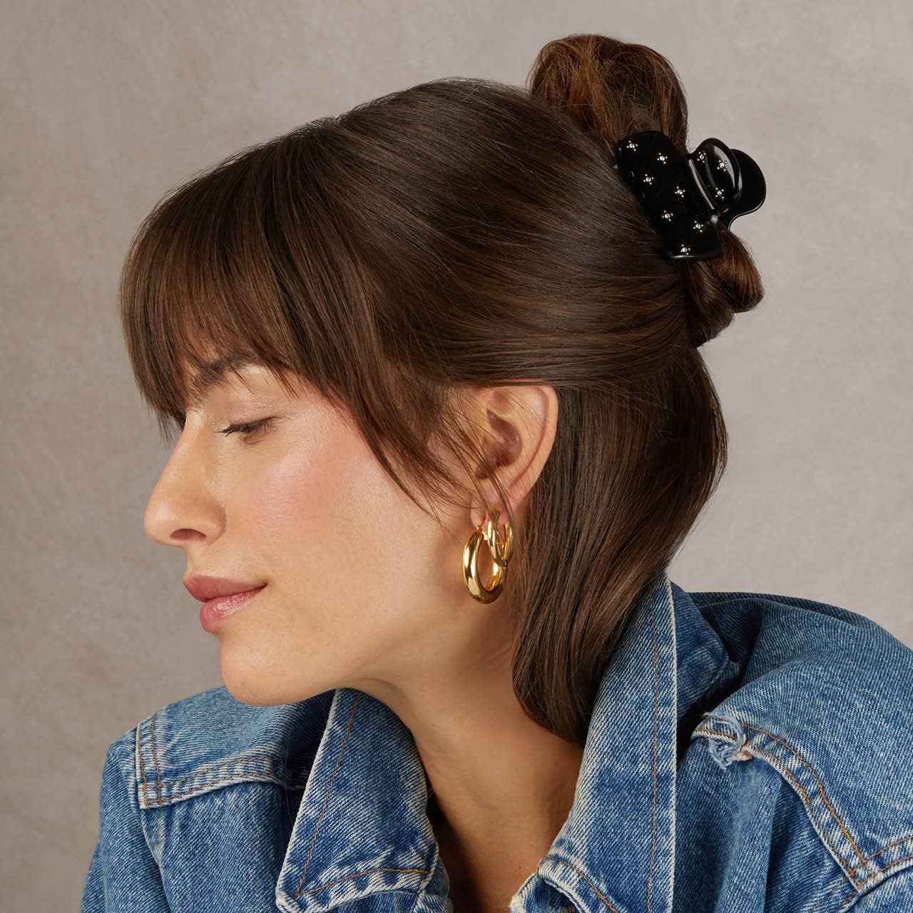 KITSCH - Vendita all'ingrosso Fermaglio per capelli - Donna - Molletta media puffy a zeppa in plastica riciclata con strass, 1 pezzo - Nero3