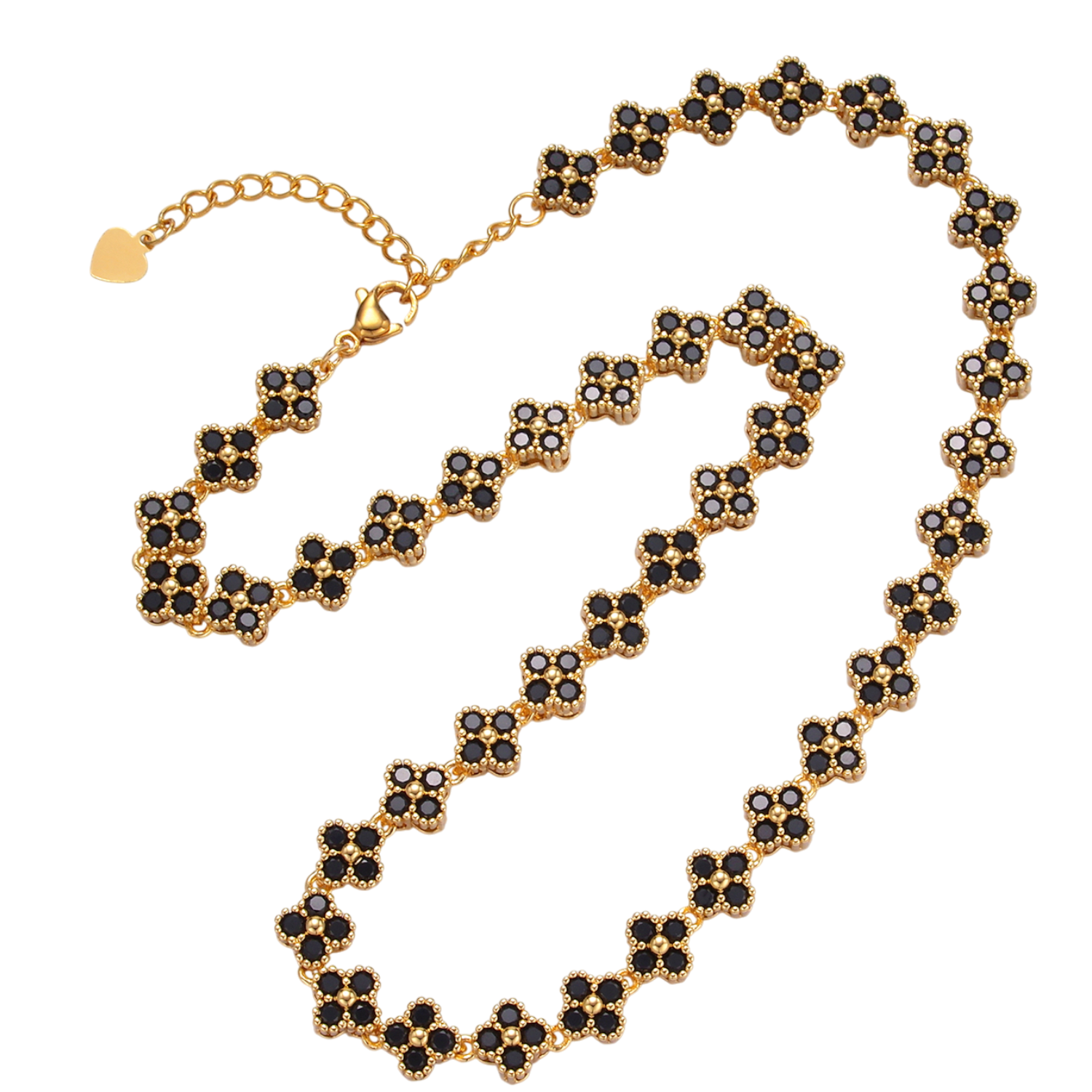 Simply Jewels - Wholesale Link & Chain Necklace - Gold Black CZ Quatrefoil Clover Tennis CN-21WA22280