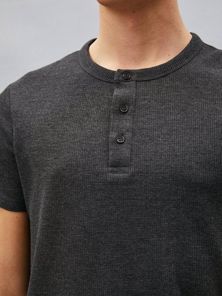 Waffle Henley SS Tshirt in Anthracite for wholesale by Usolo Outfitters