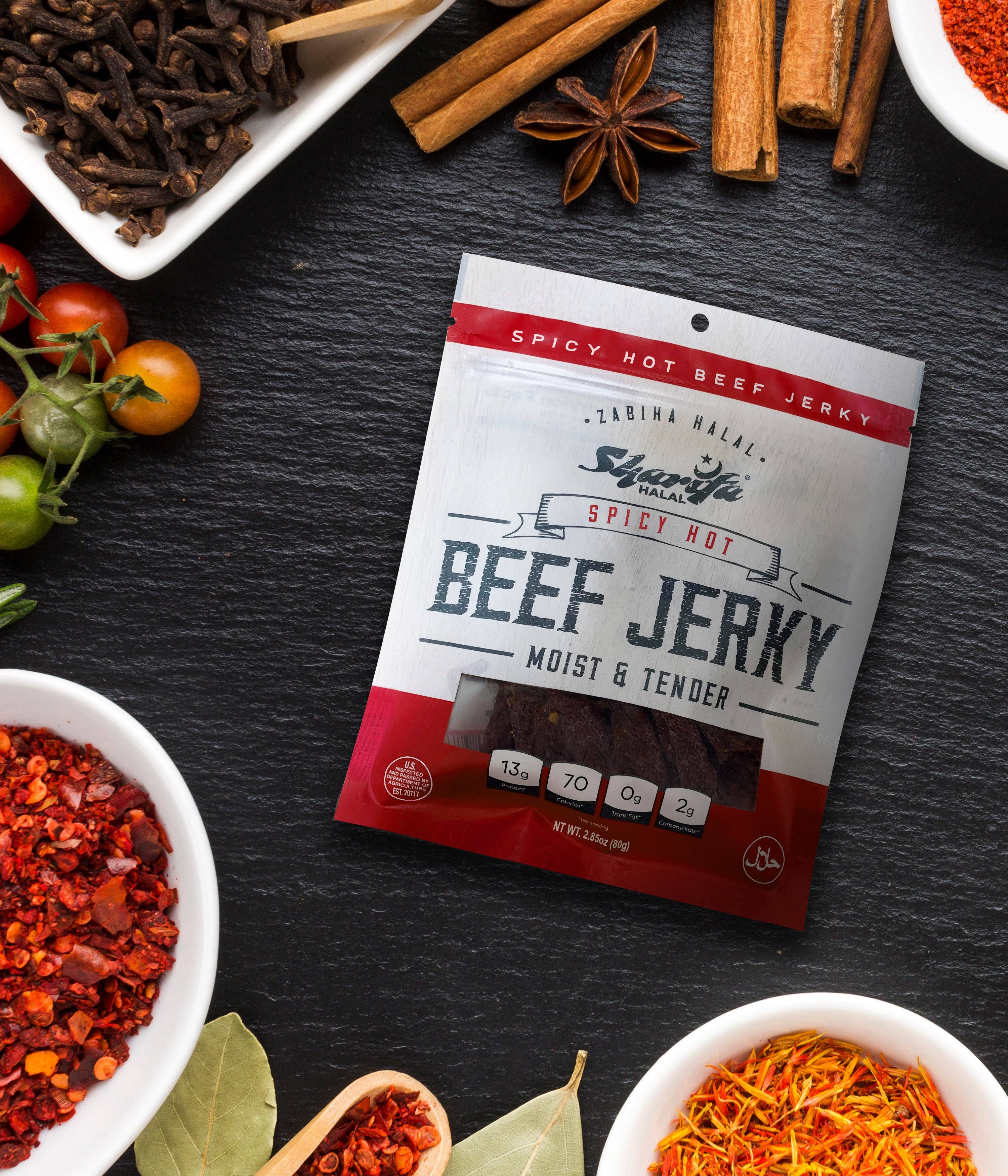 Sharifa Halal Snacks - Wholesale Jerky - Sharifa Halal Beef Jerky, Spicy Hot, 2.85 oz. per bag5
